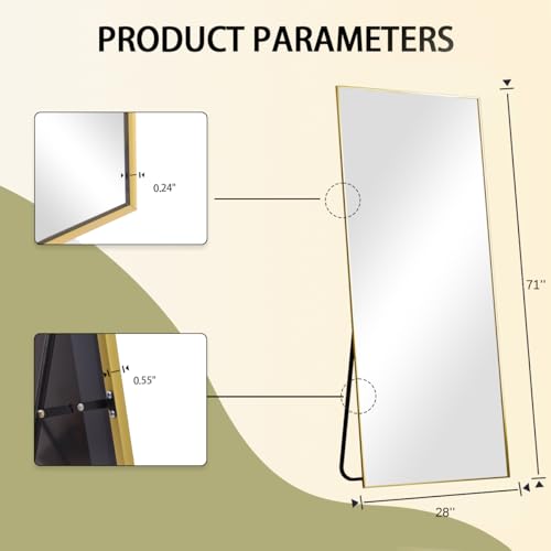 Image of BEAUTYPEAK Full Length Mirror, 71 inchx26 inch Standing Hanging or Leaning Against Wall Floor Mirrors Body Dressing Wall-Mounted for Living Room, Bedroom with Aluminum Alloy Thin Frame, Gold