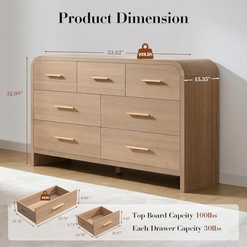Image of Curved Drawer Dresser for Bedroom with 7 Drawers, 54'' Wide Chest of Drawer