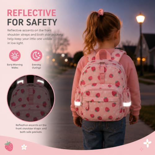 Image of LOIDOU Toddler Backpack for Girls Ages 2-4, 12 Inch Mini Preschool Daycare Bookbag with Insulated Snack Pocket, Corduroy Small Kids Travel Backpack, Pink Strawberry