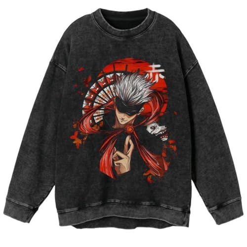 Xinchangda JJK Sudadera de Anime Gojo Satoru/Fushigura Megumi Sudadera de Manga Larga Lavada Desgastada Vintage Estilo Hip Hop de Manga Larga, Tipo 2, L