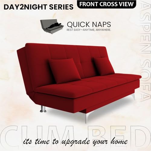 Image of Adorn India Premium New Aspen 3 Seater Sofa Cum Bed 4X6 Velvet Suede with 2 Cushions (Color Red) and Suitable for All Indoor, with 3 Years Warranty