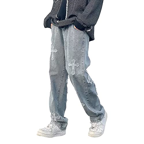 KCLOT Mens Relaxed Fit Hip Hop Straight Jeans High Waist Wide Leg Denim Pants Fashion Printed Baggy Work Jeans 90's Style Streetwear (XL, Patch Cross Jeans)