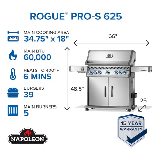 Image of Napoleon Rogue PRO-S 625 Natural Gas Grill with Infrared Side and Rear Burners, Stainless Steel, Durable 7-Burner Outdoor BBQ