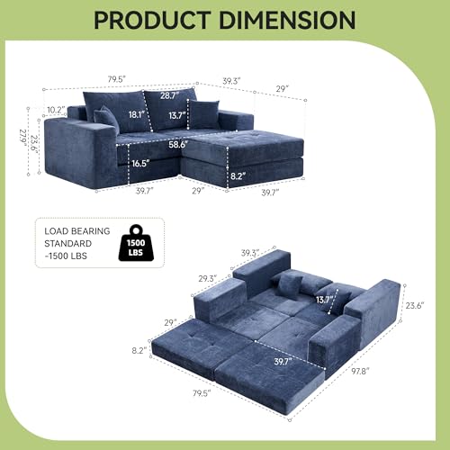 Image of 79 inch Boneless Cloud Loveseat Sofa Couch, Modular Tufted Foldable Floor Sofa with Ottoman, Chenille Lounge Convertible Sofa Bed for Living Room, No Assembly, Blue