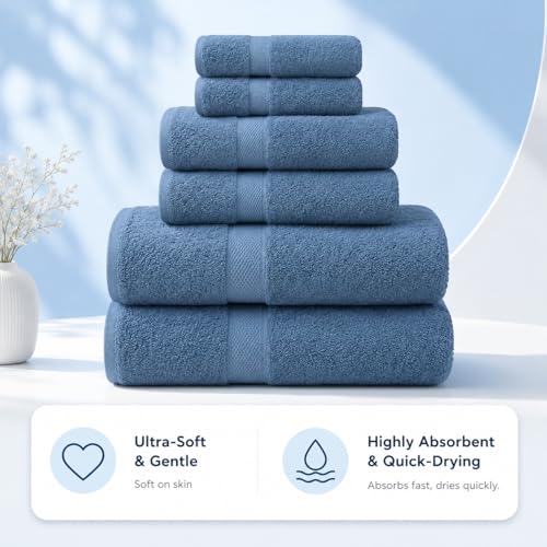 Image of Sulfar 100% Combed Cotton, 6 Pcs Towel Set - 2 Bath Towels (70 x 140 cm), 2 Hand Towels (40 x 70 cm) and 2 Face (30 x 30 cm) (600 GSM, Pack of 6) Dark Blue