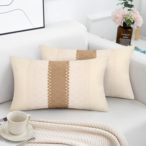 Funda Cojin 30x50 Marrón Sofá, Juego de 2 Fundas Cojines de Algodón con Decorativa Encaje de Ganchillo de Lino, Funda Almohada Rústico Boho Decorativos para Decoración de la Sala Dormitorio Cama