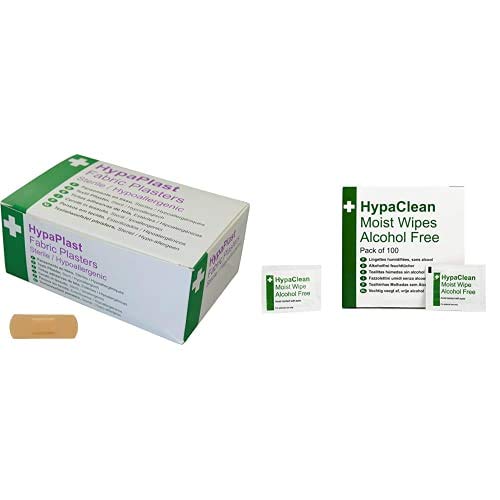 HypaPlast Fabric Plasters, 7.2 x 2.5 cm (Pack of 100) with Moist Wipes, Alcohol Free (Pack of 100)