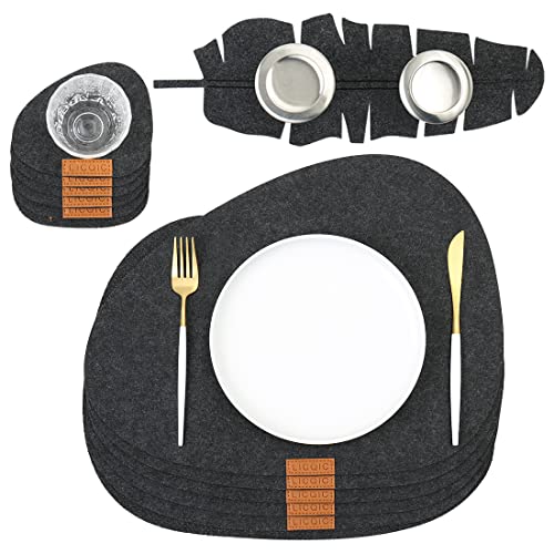 LICQIC® Platzsets aus Filz 13er Set - rutschfest & Abwaschbar - Anthrazit - 6 Tischuntersetzer Platzset (40x32 cm) + 6 Untersetzer + 1 Filzmatte in Form eines Blattes Cover
