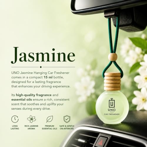 Image of UNO AROMA Jasmine Car Air Freshener, 15ml, Long Lasting Hanging car perfume, Toxin-Free Oil in Glass Bottle with Wooden Diffuser, Car Accessories for fresh aroma, Last Upto-60 Days