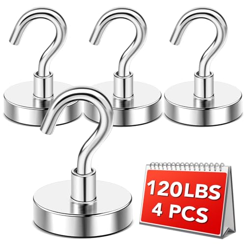 DIYMAG Magnetic Hooks for Hanging, 120lbs 2026 Cruise Cabin Ship Essentials Magnetic Hook Heavy Duty Strong Magnets Fridge for Classroom Beach Kitchen Grills 4 Pack Silver
