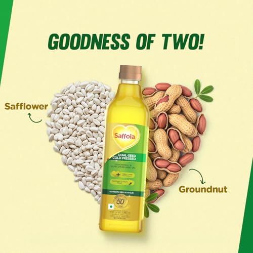 Image of Saffola Cold Pressed Oil, Goodness of 2 - Groundnut & Safflower | Helps Lower Cholesterol, Make Easy-To-Digest Food | 1L Pet Bottle
