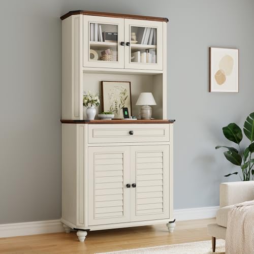 DWVO 67" Kitchen Bakers Rack Microwave Stand with Storage Cabinet, Farmhouse Pantry Buffet Cabinet, Coffee Bar w/Shutter-Doors, Kitchen Hutch w/Charging Station for Living Room, Dining Room, White