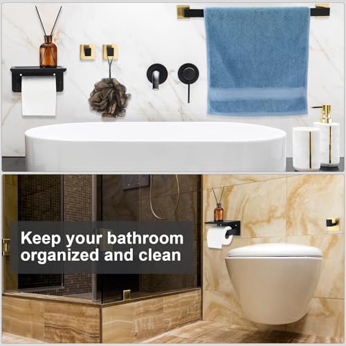 Image of 10 Pcs Bathroom Accessories Set, 24 Inch Bathroom Hardware Set, Stainless Steel Bath Towel Bar, Towel Racks, Robe Hook, Toilet Paper Holder with Phone Shelf Wall Mounted for Gifts (Black Gold)