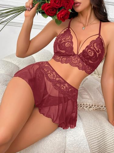 Image of CRIPOM Sexy Lingerie for Women Naughty 3 Piece Lace Bralette, Mini Skirt with G-String Crotchless Lingerie Outfits