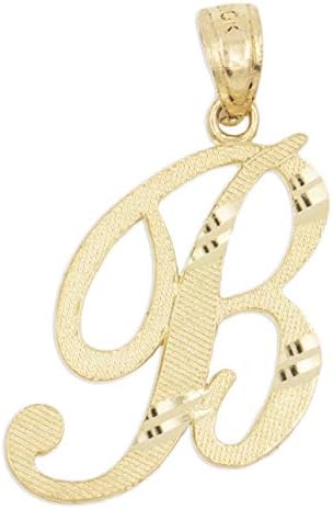 Ice on Fire Jewelry 10k Solid Real Gold Cursive Initial Pendant, English Alpahbet A-Z Letter Charm with Diamond Cut (B)