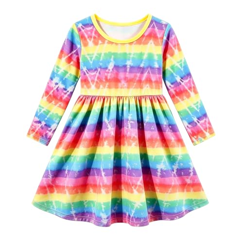 Image of Tkria Toddler Girls Rainbow Dress Striped Fall Dress Cartoon Colourful Long Sleeve Casual Dressy 2-7T
