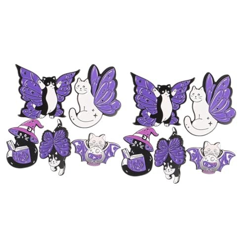 Broche de gato hecho a mano de metal con diseño de sombrero de alas moradas