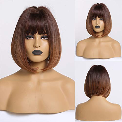 Perruque courte bob cheveux raides synthétiques avec frange droite pour look quotidien dame