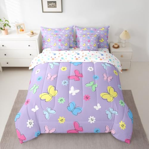 Image of Kids Cute Butterflies 7 Pieces Bedding Set Queen,Colorful Cartoon Floral Bed in a Bag,Kawaii Garden Wildlife Bed Set Includes Comforter,Sheet Set,Pillowcases & Pillow Covers,Cottagecore Bedroom Decor