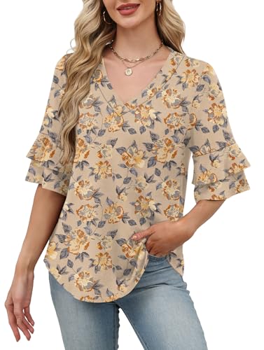Image of OFEEFAN Spring Tops for Women Boho Shirts Fashion Clothing Cute 3 /4 Length Sleeve Blouses Dressy Casual Summer Outfits