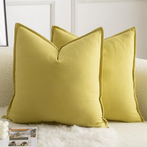 MANDIOO Pack of 2 Neutral Cotton Throw Pillow Covers Solid Decorative Couch Pillow Covers Boho Farmhouse Cushion Covers Home Decor for Sofa Living Room Bed Bedroom 16 x 16 Inch Mustard Yellow