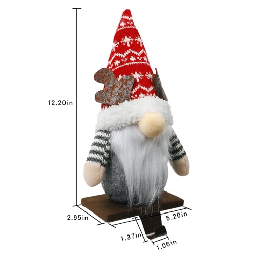 Aoutrow 2 Pack Christmas Gnome Stocking Holders, 11 Inches Plush Elk Gnomes Figurines Hanging Hooks for Stockings, Metal Stocking Hangers for Fireplace, Mantle, Shelves Christmas Decorations