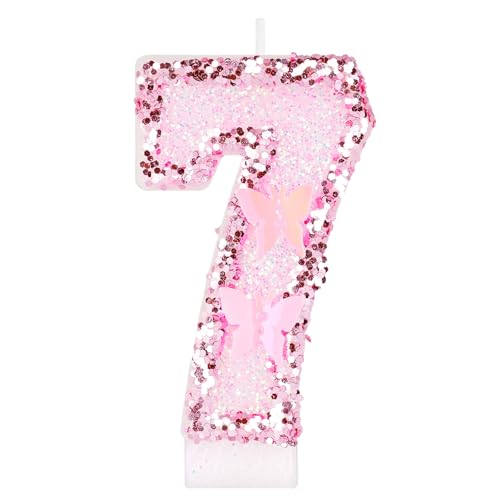 Alaoo Velas Cumpleaños Números 7,3D Mariposas Rosa Vela,Vela de Número 7 de Pastel Decoración,para Aniversarios,Baby Shower de Cumpleaños,Rosa