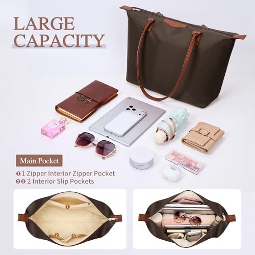 Image of Tote Bag for Women, Casual Hobo Bag Vegan Leather Top-Handle Purse Foldable Shoulder Nylon Zipper Handbag