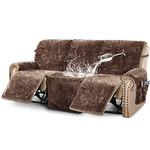Meillemaison Recliner Sofa Covers For 3 Cushion Couch, 100% Waterproof Velvet Recliner Sofa Slipcover Cut Flower Pattern, Washable Reclining Furniture Protector Elastic Straps, Brown (Mmcrbr03C3) #TOP28