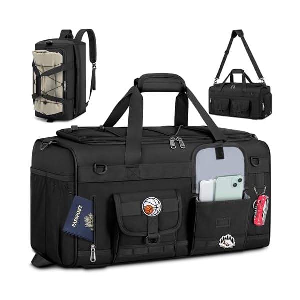 RAINSMORE Gym Bag for Men, 45L Large 3 in 1 Sports Duffle Bag with Shoes Compartment & Wet Pocket Water-Resistant Sports Travel Weekender Bag Multipurpose Carry On Overnight Tactical Backpack, Black