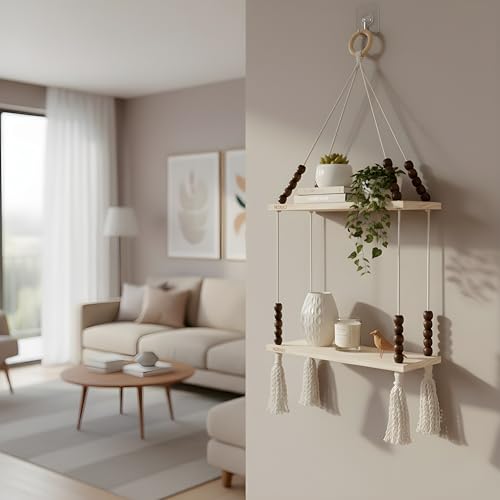 Image of 2-Tier Hanging Shelf with Wall Hook, Use Decor Plants, Books, Decorative Gift Items Nursery Livingroom Wooden Beads & Ring, Tassels Woven Bohemian