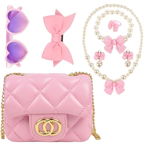 QZUnique Crossbody Purse Set, Mini Handbag with Jewelry Set Hair Clip Sunglass, PU Coin Purse Shoulder Messenger Bag Dress Up Gift Pretend Play Necklace Accessories, 7 Pack