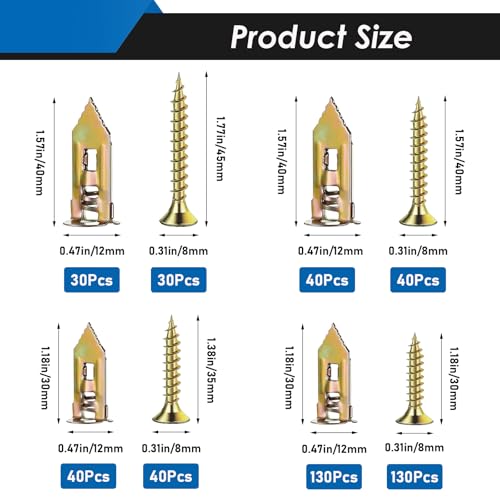 Image of 480Pcs Self Drilling Drywall Anchors with Screws Kit, 2 Sizes Sheetrock Anchors & 4 Sizes Expansion Screws, Zinc Plated Steel Drywall Anchors No Drilling Required Holds Up to 66lbs