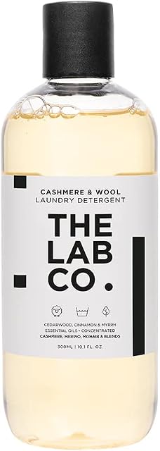 The Lab Co. Cashmere and Wool Laundry Wash. Size 300ml for 20 washes. Detergent for Cashmere, Merino, Mohair and Wool Blends. Suitable for hand-washing and washing machines.