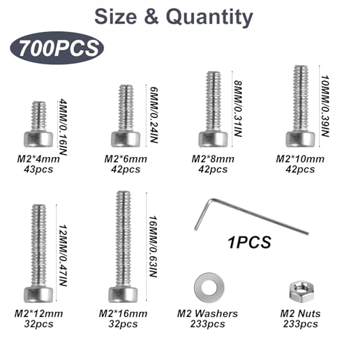 700 STK M2 Schrauben Set, Sechskantschrauben Muttern Set, Edelstahl Zylinderschrauben mit Innensechskant Schrauben mit Muttern Unterlegscheiben Sortiment Kit Maschinenschrauben Gewindeschrauben Set