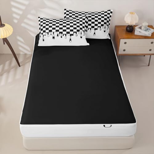 Image of Black White Checkered Cute Zip Up Bedding Full for Girls Boys,Checkerboard Drip Comforter Set with Elastic Fitted Sheet,Soft Indie Aesthetic Funky Geometric Kawaii Bedspread for Teens Bedroom Decor