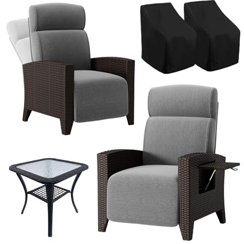 Fiutazge 2Pcs Tumbona de Ratán con Respaldo Regulable,Sillon Relax Reclinable,Chaise Longue con Mesa Jardín y Funda Protectora,Hamaca de Jardín para Terraza Patio,Ratán Negro y Cojín Gris