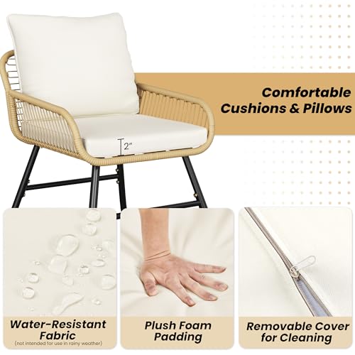 Yaheetech 4 Piece Patio Furniture Set, Outdoor Wicker Conversation Sets, Boho Loveseat & 2 Armchairs with Cushion and Pillow, Glass Top Table for Backyard, Porch, Balcony, Deck - Tan/Cream