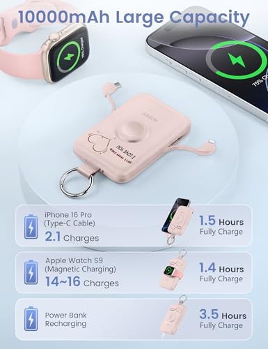 Image of RORRY CharmGo Portable Charger, 10000mAh 20W Fast Charging Portable Charger Power Bank with Built in Cables, Travel Battery Pack for iPhone 17 /16 /15 /14 /13 /12 and Apple Watch, Mom-Pink