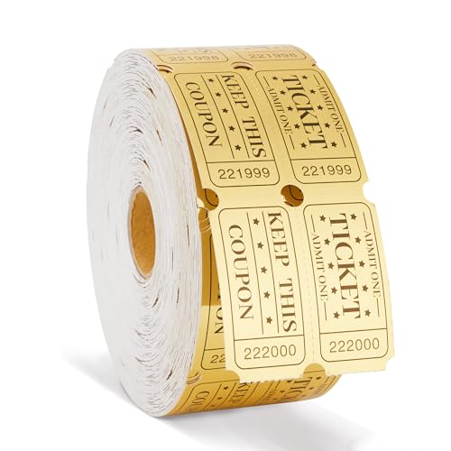 Amviner 1000 Golden Raffle Tickets Double Roll Tickets for Events, Classroom Reward, Carnivals, Family Games, Door Prizes, Entry, Bingo, Auction, Metallic Gold Foil Tickets