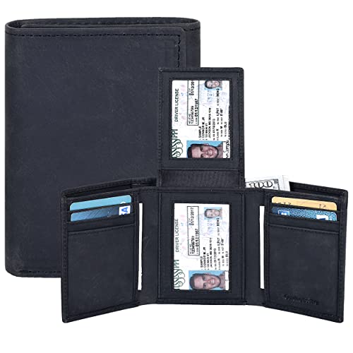Image of Real Leather Mens Trifold Wallet RFID Blocking Slim Minimalist Front Pocket - Thin & Stylish with ID Window in Gift Box, Pebble Black, Trifold