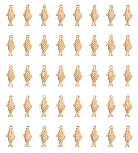 Ruwado 50 Pcs Fish Charms for Craft Metal 2 x 0.9 x 0.3 cm Cute Ocean Sea Animal Pendants for DIY Jewelry Making Bracelet Necklace Earring Supplies (Gold)