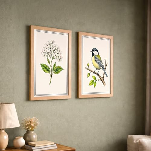 Image of NoWorries Botanical & Bird Wall Art Set of 2 Framed Wall Decor for Living Room Bedroom Office | Vintage Floral Bird Painting Wooden Frame Modern Home Decoration (Art-3, 13x19inch)