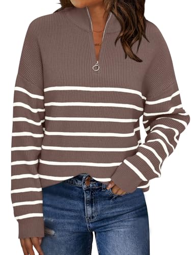 LILLUSORY Women's Quarter Zip Striped Oversized Sweater 2025 Mock Turtleneck Fall Fashion Outfit Nutmeg-White M