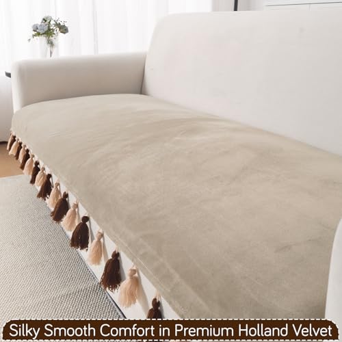 Image of HOKIPO Premium Holland Velvet Sofa Cover 5 Seater Set - Washable 3+1+1 Sofa Cover Mat with Tassel | 'TasselTone Series' | Sand Beige (IN-1108+1104-BGE*2)