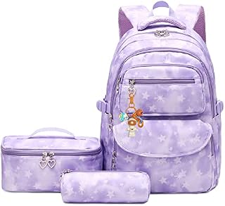 Gradient-Star Print School Bag Backpack and Lunch Bag Set for Teens Girls Boys Bansusu Bookbag Travel Rucksack
