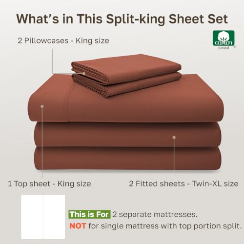 Image of California Design Den Split King Cotton Sheets Sets for Adjustable Bed - Luxury 600 Thread Count, 100% Cotton Sateen, California Split King Sheet Sets, Deep Pockets, Soft and Durable Bedding - Rust