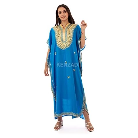 KENZADI Moroccan Hand Made Caftan in Cotton with Hand Embroidery Made in Morocco (Light Blue) Cover