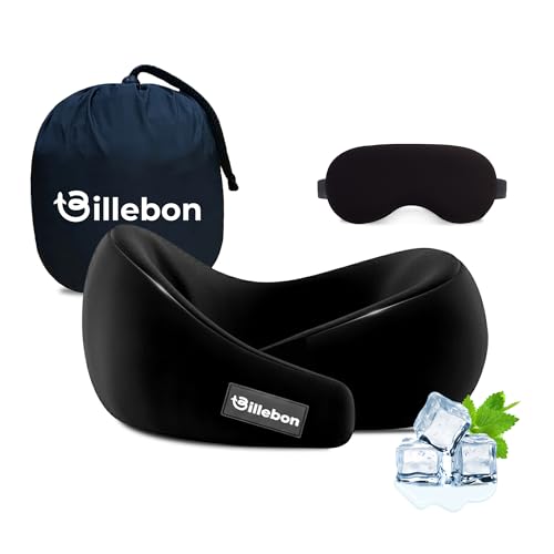 Image of Billebon Gel Infused Memory Foam Neck Pillow, Travel Pillow with Adjustable Velcro Straps, Neck Pillow for Travelling & Flight Travel, Ergonomic Support for Comfort & Pain Relief (Black Combo)