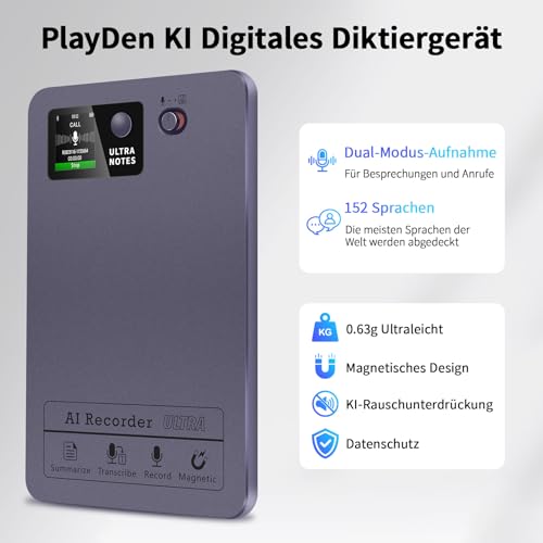 KI Digitales Diktiergerät, PlayDen 64G Diktiergerät für Vorlesungen, Meetings und Telefonate, KI-Transkription & Zusammenfassung, Unterstützung für 152 Sprachen, App-Steuerung und über 27 Vorlagen